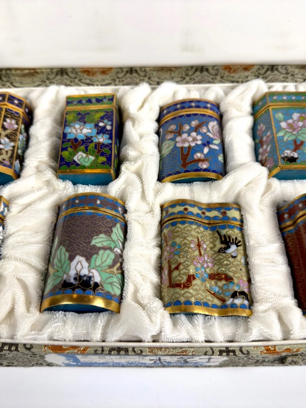 Vintage Chinese Cloisonné Small Canister Jar Set - 8 canisters w/ Original Box